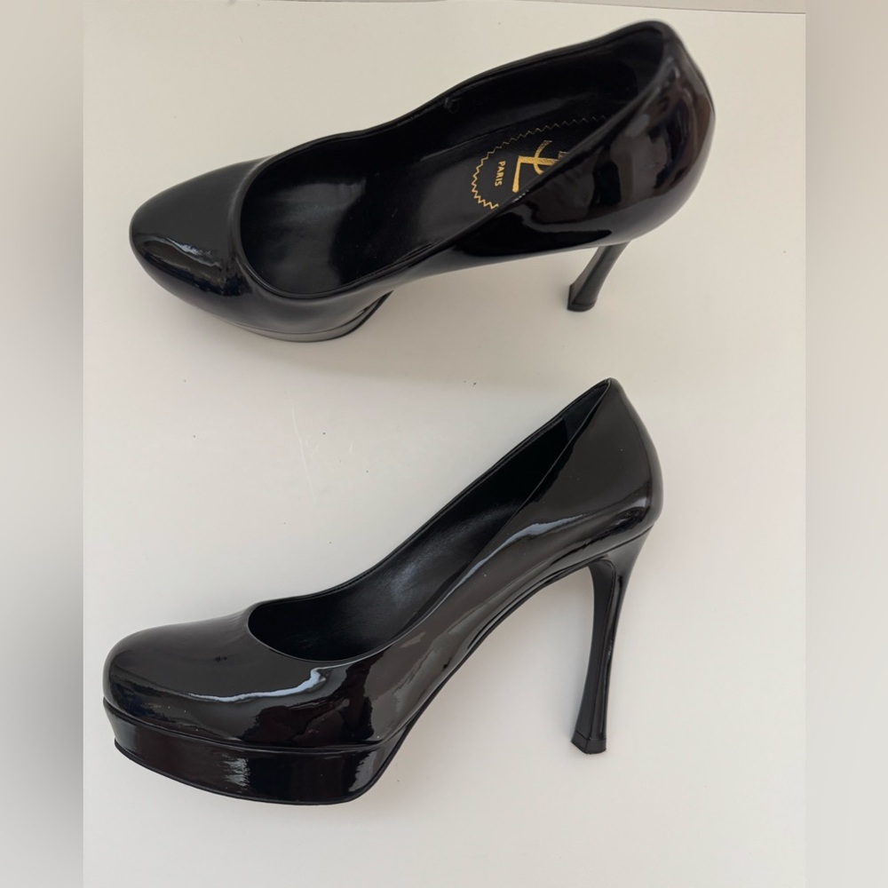 Yves Saint Laurent YSL Tribute Black Patent Leather Platform Heels Pumps 37.5 - Picture 2 of 12